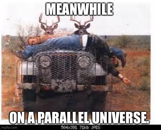 deerjeep |  MEANWHILE; ON A PARALLEL UNIVERSE. | image tagged in deerjeep | made w/ Imgflip meme maker