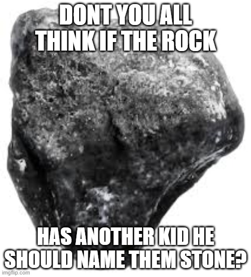 should he? | DONT YOU ALL THINK IF THE ROCK; HAS ANOTHER KID HE SHOULD NAME THEM STONE? | image tagged in the stone think about it | made w/ Imgflip meme maker