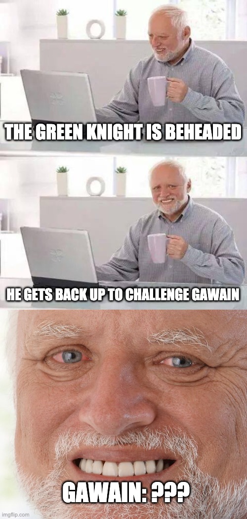 THE GREEN KNIGHT IS BEHEADED; HE GETS BACK UP TO CHALLENGE GAWAIN; GAWAIN: ??? | image tagged in memes,hide the pain harold | made w/ Imgflip meme maker
