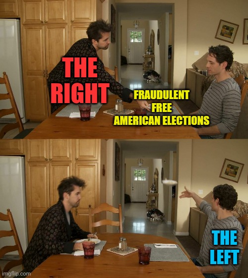 2020 Election summed up in a Meme | THE RIGHT; FRAUDULENT FREE AMERICAN ELECTIONS; THE LEFT | image tagged in plate toss,trump 2020,election 2020,election fraud,voter fraud,joe biden | made w/ Imgflip meme maker