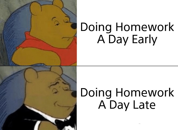 "Cool" Kid. | Doing Homework A Day Early; Doing Homework A Day Late | image tagged in memes,tuxedo winnie the pooh | made w/ Imgflip meme maker