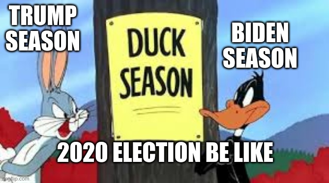 rabbit season duck season | TRUMP SEASON; BIDEN SEASON; 2020 ELECTION BE LIKE | image tagged in rabbit season duck season | made w/ Imgflip meme maker