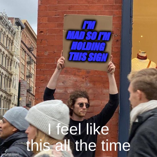 I'M MAD SO I'M HOLDING THIS SIGN; I feel like this all the time | image tagged in memes,guy holding cardboard sign | made w/ Imgflip meme maker
