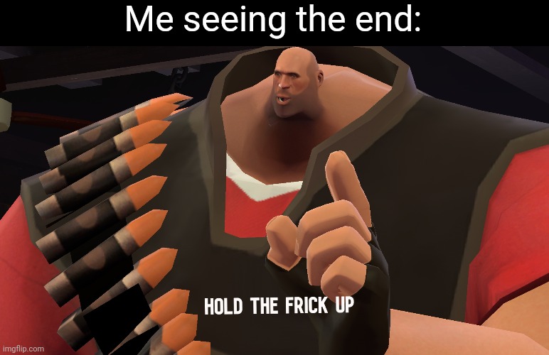 Hold the frick up | Me seeing the end: | image tagged in hold the frick up | made w/ Imgflip meme maker