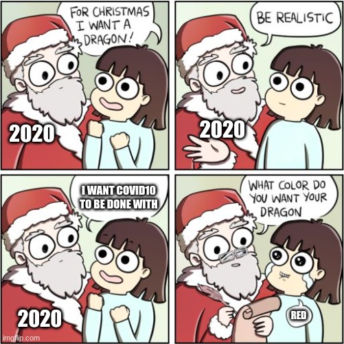 2020 be like | 2020; 2020; I WANT COVID10 TO BE DONE WITH; RED; 2020 | image tagged in for christmas i want a dragon | made w/ Imgflip meme maker