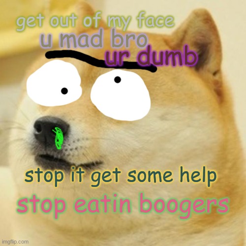 Doge Meme | get out of my face; ur dumb; u mad bro; stop it get some help; stop eatin boogers | image tagged in memes,doge | made w/ Imgflip meme maker