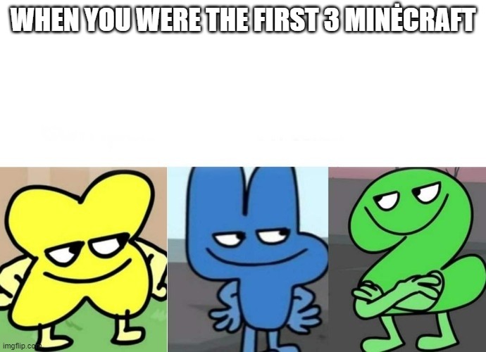 wat | WHEN YOU WERE THE FIRST 3 MINĖCRAFT | image tagged in bfb smug | made w/ Imgflip meme maker