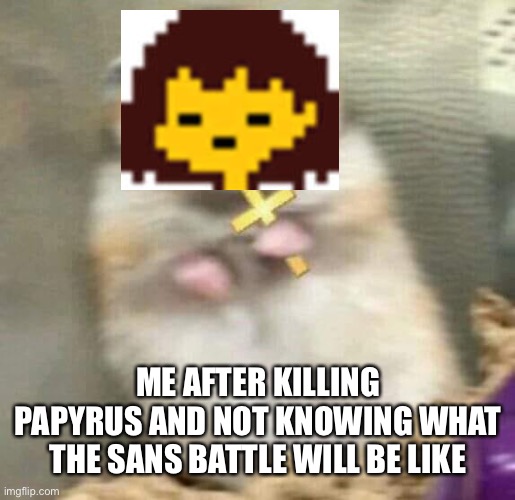 Mom come pick me up I’m scared | ME AFTER KILLING PAPYRUS AND NOT KNOWING WHAT THE SANS BATTLE WILL BE LIKE | image tagged in scared hamster with cross | made w/ Imgflip meme maker