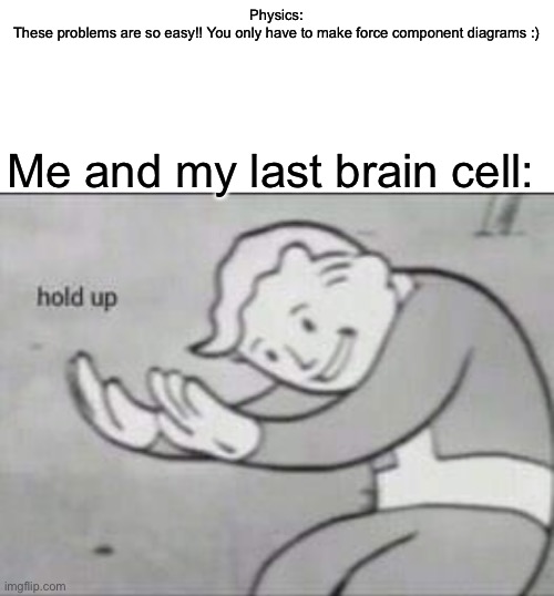 Fallout hold up with space on the top | Physics:
These problems are so easy!! You only have to make force component diagrams :); Me and my last brain cell: | image tagged in fallout hold up with space on the top | made w/ Imgflip meme maker