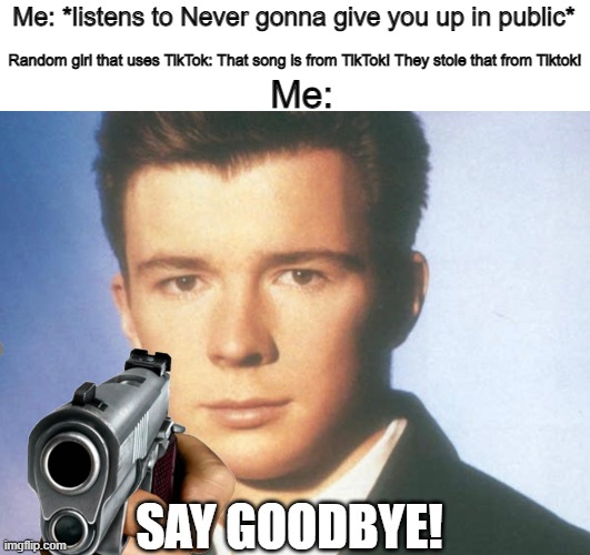 TikTok should be killed off! | Me: *listens to Never gonna give you up in public*; Random girl that uses TikTok: That song is from TikTok! They stole that from Tiktok! Me:; SAY GOODBYE! | image tagged in you know the rules and so do i say goodbye | made w/ Imgflip meme maker