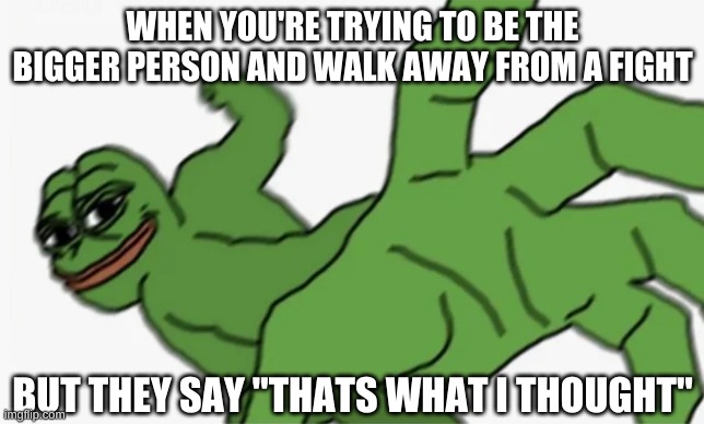 Fatality! | WHEN YOU'RE TRYING TO BE THE BIGGER PERSON AND WALK AWAY FROM A FIGHT; BUT THEY SAY "THATS WHAT I THOUGHT" | image tagged in pepe punch | made w/ Imgflip meme maker