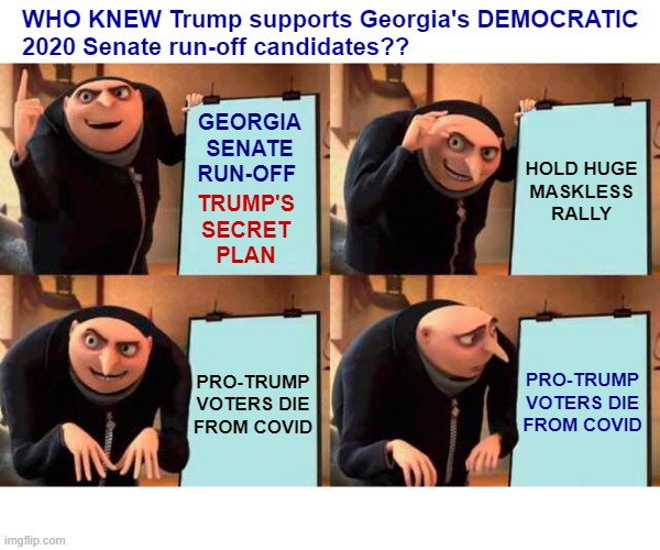 Trump's Georgia Senate Run-Off Plan WORKED!! | WHO KNEW Trump supports Georgia's DEMOCRATIC
2020 Senate run-off candidates?? GEORGIA
SENATE
RUN-OFF; HOLD HUGE
MASKLESS RALLY; TRUMP'S
SECRET
PLAN; PRO-TRUMP VOTERS DIE FROM COVID; PRO-TRUMP
VOTERS DIE
FROM COVID | image tagged in donald trump,maga,rick75230,election 2020,georgia,covid-19 | made w/ Imgflip meme maker