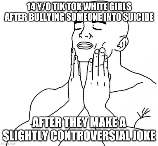 I've done it! I've stopped racism! |  14 Y/O TIK TOK WHITE GIRLS AFTER BULLYING SOMEONE INTO SUICIDE; AFTER THEY MAKE A SLIGHTLY CONTROVERSIAL JOKE | image tagged in feels good man | made w/ Imgflip meme maker