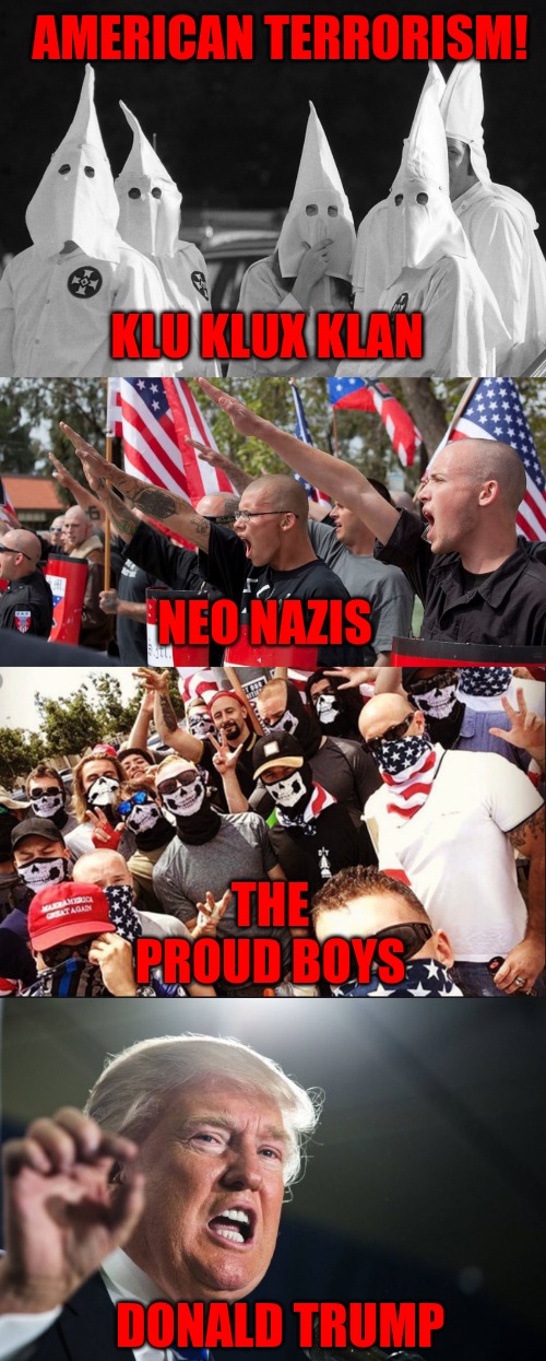 AMERICAN TERRORISM! KLU KLUX KLAN; NEO NAZIS; THE PROUD BOYS; DONALD TRUMP | image tagged in ku klux klan,neo nazis,proud boys,donald trump | made w/ Imgflip meme maker