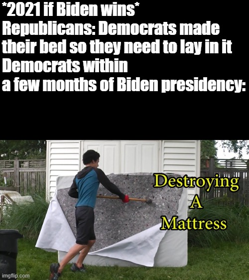 It will happen, they have a very small amount of sanity in them, enough to tell them that it sucks | *2021 if Biden wins*
Republicans: Democrats made their bed so they need to lay in it
Democrats within a few months of Biden presidency: | image tagged in memes,politics,destruction | made w/ Imgflip meme maker