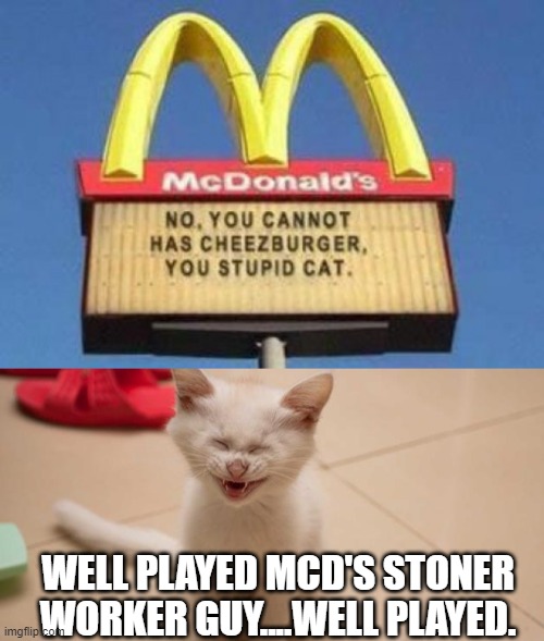 no chezeburger | WELL PLAYED MCD'S STONER WORKER GUY....WELL PLAYED. | image tagged in cat laughing | made w/ Imgflip meme maker