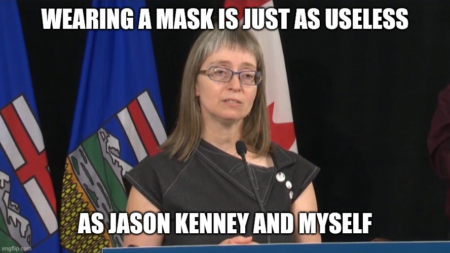 Useless | WEARING A MASK IS JUST AS USELESS; AS JASON KENNEY AND MYSELF | image tagged in dr deena hinshaw | made w/ Imgflip meme maker