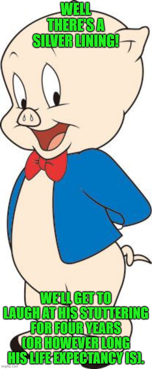 Porky Pig | WELL THERE'S A SILVER LINING! WE'LL GET TO LAUGH AT HIS STUTTERING FOR FOUR YEARS (OR HOWEVER LONG HIS LIFE EXPECTANCY IS). | image tagged in porky pig | made w/ Imgflip meme maker