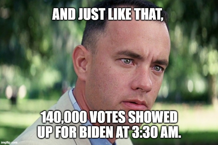 140,000 Votes | AND JUST LIKE THAT, 140,000 VOTES SHOWED UP FOR BIDEN AT 3:30 AM. | image tagged in memes,and just like that,trump,biden,election 2020,fraud | made w/ Imgflip meme maker