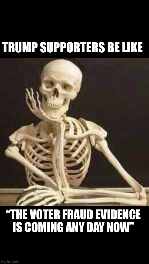 skeleton waiting | TRUMP SUPPORTERS BE LIKE “THE VOTER FRAUD EVIDENCE IS COMING ANY DAY NOW” | image tagged in skeleton waiting | made w/ Imgflip meme maker