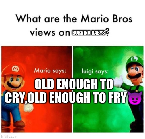 Mario says Luigi says | BURNING BABYS; OLD ENOUGH TO CRY,OLD ENOUGH TO FRY😈 | image tagged in mario says luigi says | made w/ Imgflip meme maker