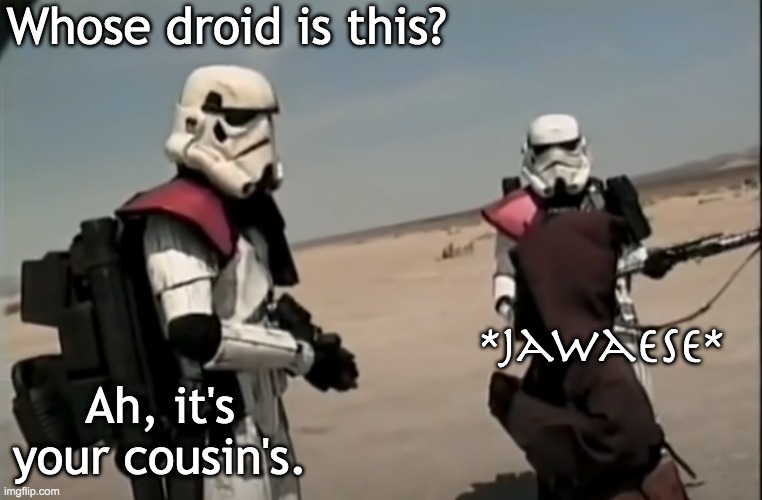 Whose droid is this? Ah, it's your cousin's. *jawaese* | made w/ Imgflip meme maker