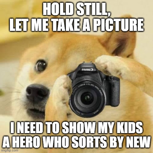 Thank you brave soldier, i wish you well on your journey ahead | HOLD STILL, LET ME TAKE A PICTURE; I NEED TO SHOW MY KIDS A HERO WHO SORTS BY NEW | image tagged in doge camera | made w/ Imgflip meme maker