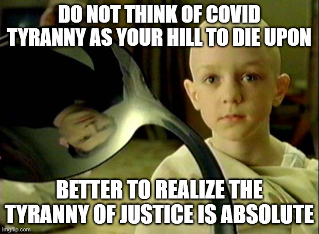 Spoon matrix |  DO NOT THINK OF COVID TYRANNY AS YOUR HILL TO DIE UPON; BETTER TO REALIZE THE TYRANNY OF JUSTICE IS ABSOLUTE | image tagged in spoon matrix | made w/ Imgflip meme maker