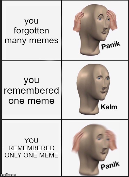 oh no... | you forgotten many memes; you remembered one meme; YOU REMEMBERED ONLY ONE MEME | image tagged in memes,panik kalm panik | made w/ Imgflip meme maker