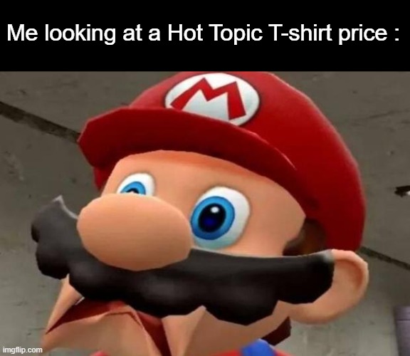 30 dollars ? For a T-shirt ?? Are you kidding me ??? | Me looking at a Hot Topic T-shirt price : | image tagged in mario wtf,memes,funny,t-shirt,hot topic | made w/ Imgflip meme maker