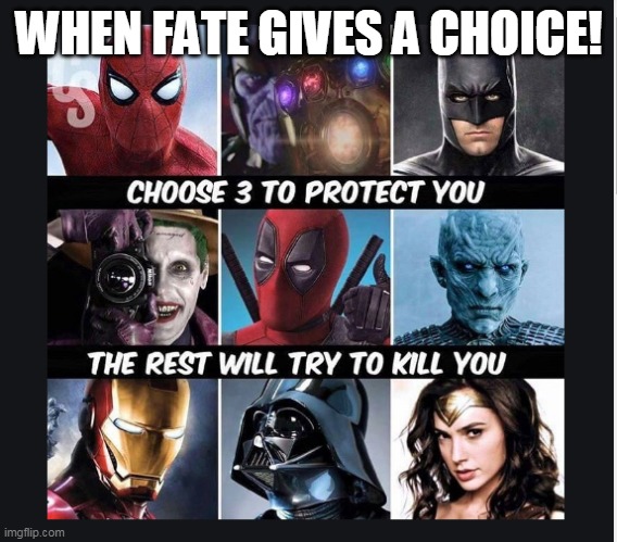 Fate gives a Choice! | WHEN FATE GIVES A CHOICE! | image tagged in funny memes | made w/ Imgflip meme maker