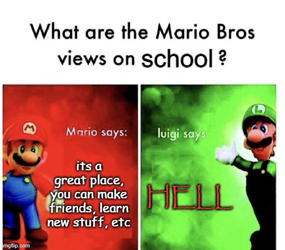 Mario Bros Views | school; its a great place, you can make friends, learn new stuff, etc; HELL | image tagged in mario bros views | made w/ Imgflip meme maker