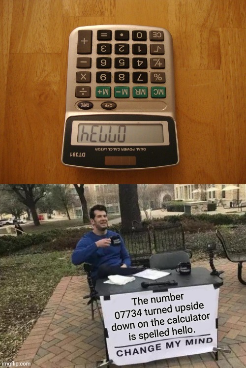 Calculator | The number 07734 turned upside down on the calculator is spelled hello. | image tagged in memes,change my mind,hello,calculator,funny,change my mind crowder | made w/ Imgflip meme maker