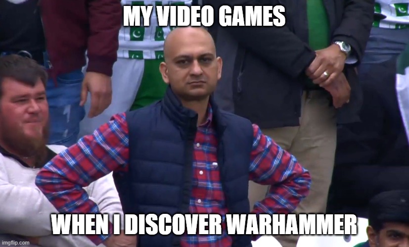 Disappointed Cricket Fan | MY VIDEO GAMES; WHEN I DISCOVER WARHAMMER | image tagged in disappointed cricket fan | made w/ Imgflip meme maker