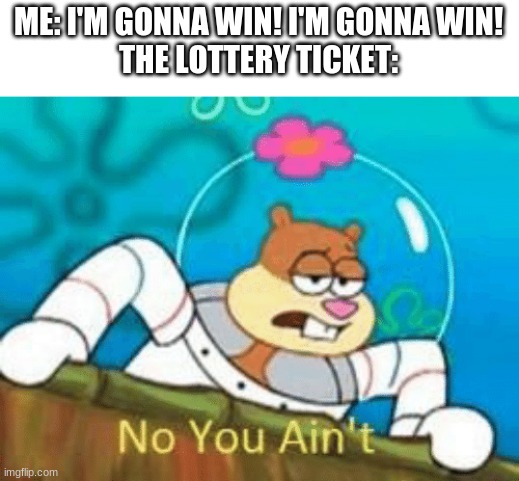 Happens all the time | ME: I'M GONNA WIN! I'M GONNA WIN!
THE LOTTERY TICKET: | image tagged in no you ain't | made w/ Imgflip meme maker