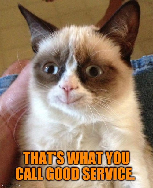 Grumpy Cat Happy Meme | THAT'S WHAT YOU CALL GOOD SERVICE. | image tagged in memes,grumpy cat happy,grumpy cat | made w/ Imgflip meme maker