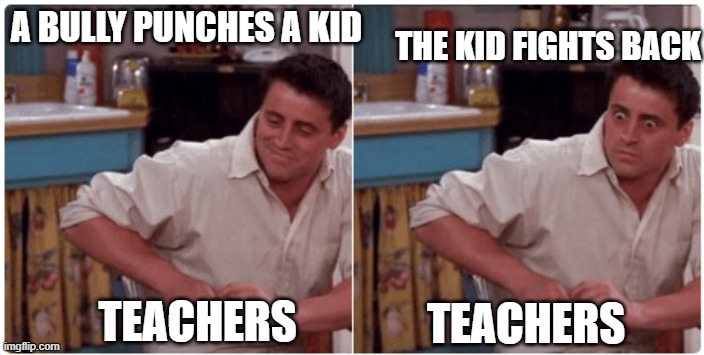 bruh bruh bruh | A BULLY PUNCHES A KID; THE KID FIGHTS BACK; TEACHERS; TEACHERS | image tagged in joey from friends | made w/ Imgflip meme maker