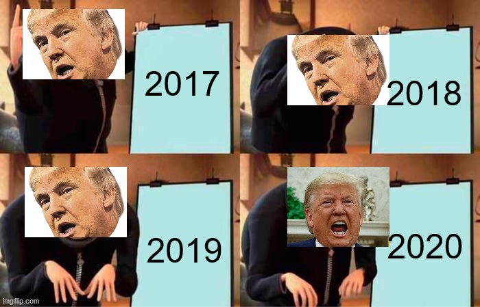 donald's trump's years in office. 2020 saved us thank god get out of here trump | 2017; 2018; 2020; 2019 | image tagged in memes,gru's plan | made w/ Imgflip meme maker