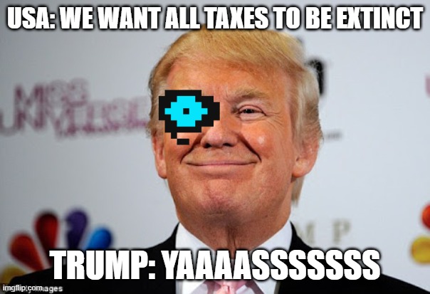 Donald trump approves | USA: WE WANT ALL TAXES TO BE EXTINCT; TRUMP: YAAAASSSSSSS | image tagged in donald trump approves | made w/ Imgflip meme maker