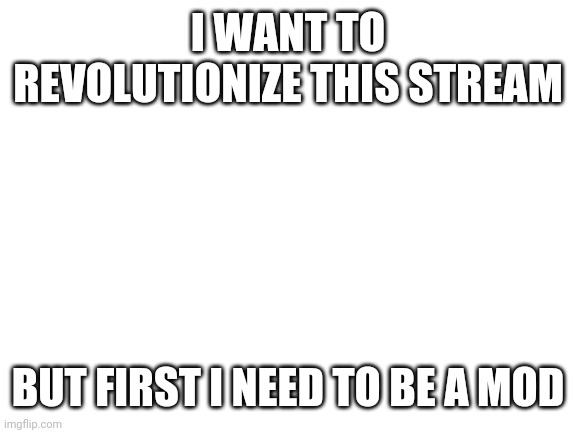 Blank White Template | I WANT TO REVOLUTIONIZE THIS STREAM; BUT FIRST I NEED TO BE A MOD | image tagged in blank white template | made w/ Imgflip meme maker