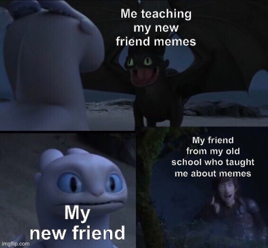 wholesome | Me teaching my new friend memes; My friend from my old school who taught me about memes; My new friend | image tagged in how to train your dragon 3 | made w/ Imgflip meme maker