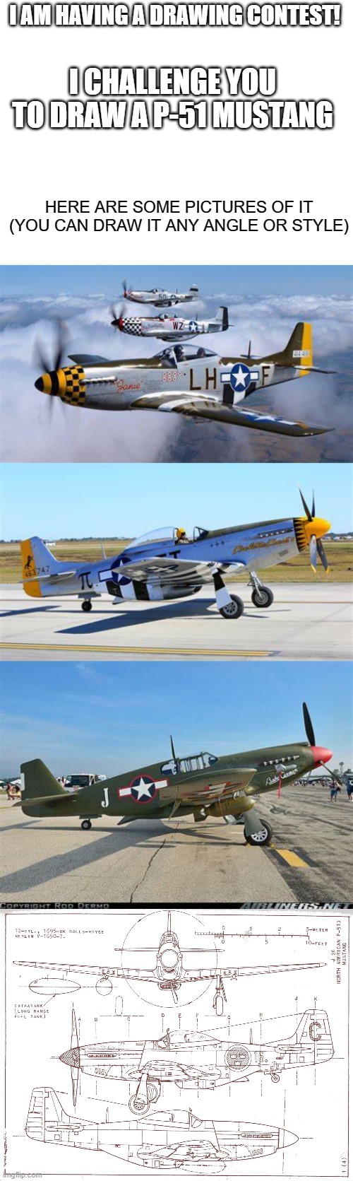 CONTEST! | I AM HAVING A DRAWING CONTEST! I CHALLENGE YOU TO DRAW A P-51 MUSTANG; HERE ARE SOME PICTURES OF IT
(YOU CAN DRAW IT ANY ANGLE OR STYLE) | image tagged in blank white template | made w/ Imgflip meme maker