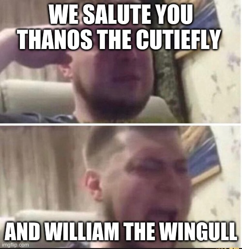 moon nuzlocke | WE SALUTE YOU THANOS THE CUTIEFLY; AND WILLIAM THE WINGULL | image tagged in crying salute | made w/ Imgflip meme maker
