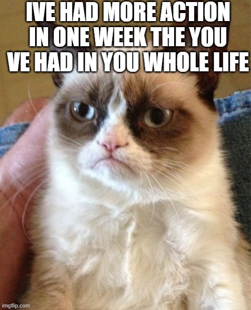 Grumpy Cat Meme | IVE HAD MORE ACTION IN ONE WEEK THE YOU VE HAD IN YOU WHOLE LIFE | image tagged in memes,grumpy cat | made w/ Imgflip meme maker