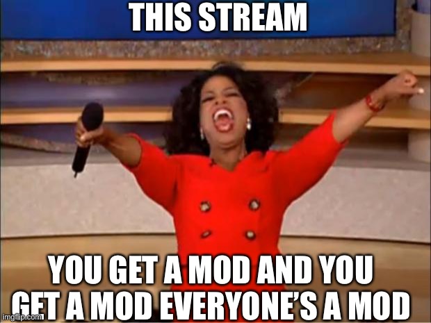 Oprah You Get A | THIS STREAM; YOU GET A MOD AND YOU GET A MOD EVERYONE’S A MOD | image tagged in memes,oprah you get a | made w/ Imgflip meme maker