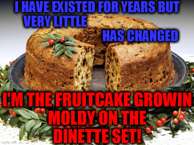 I HAVE EXISTED FOR YEARS BUT
VERY LITTLE                                                                      HAS CHANGED I'M THE FRUITCAKE  | made w/ Imgflip meme maker