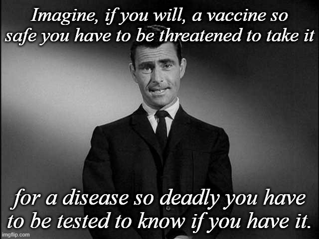 rod serling twilight zone | Imagine, if you will, a vaccine so safe you have to be threatened to take it; for a disease so deadly you have to be tested to know if you have it. | image tagged in rod serling twilight zone | made w/ Imgflip meme maker