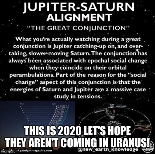 2020 conjunction. | THIS IS 2020 LET'S HOPE THEY AREN'T COMING IN URANUS! | image tagged in saturn,uranus | made w/ Imgflip meme maker