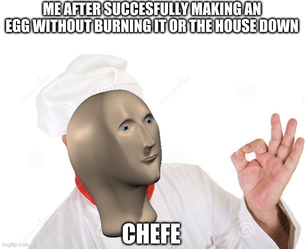 ME AFTER SUCCESFULLY MAKING AN EGG WITHOUT BURNING IT OR THE HOUSE DOWN; CHEFE | image tagged in memes | made w/ Imgflip meme maker