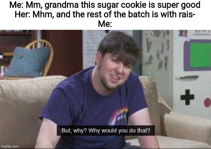 WHY GRANDMA | Me: Mm, grandma this sugar cookie is super good
Her: Mhm, and the rest of the batch is with rais-
Me: | image tagged in but why why would you do that | made w/ Imgflip meme maker
